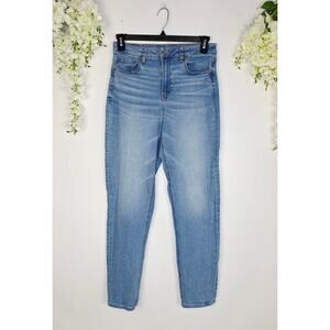 American Eagle Mom Jeans 8 Long Light Wash High Rise Straight Stretch Y2K Casual